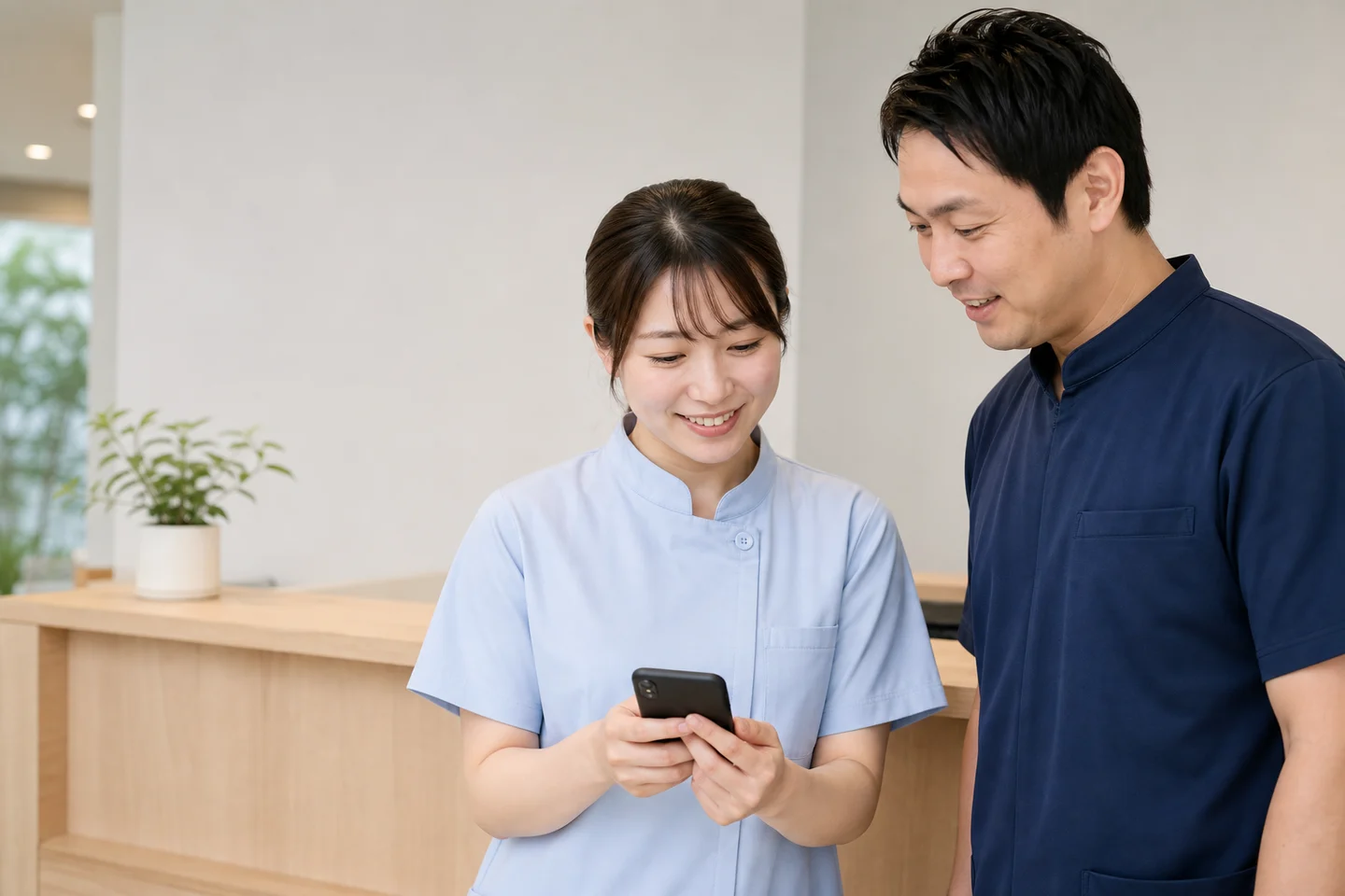 お客様の声をスマホで一緒に確認する店舗スタッフ