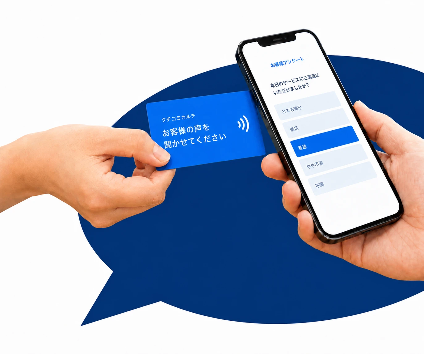 青いNFCカードにスマートフォンをかざし、アンケートを開く手元の利用イメージ