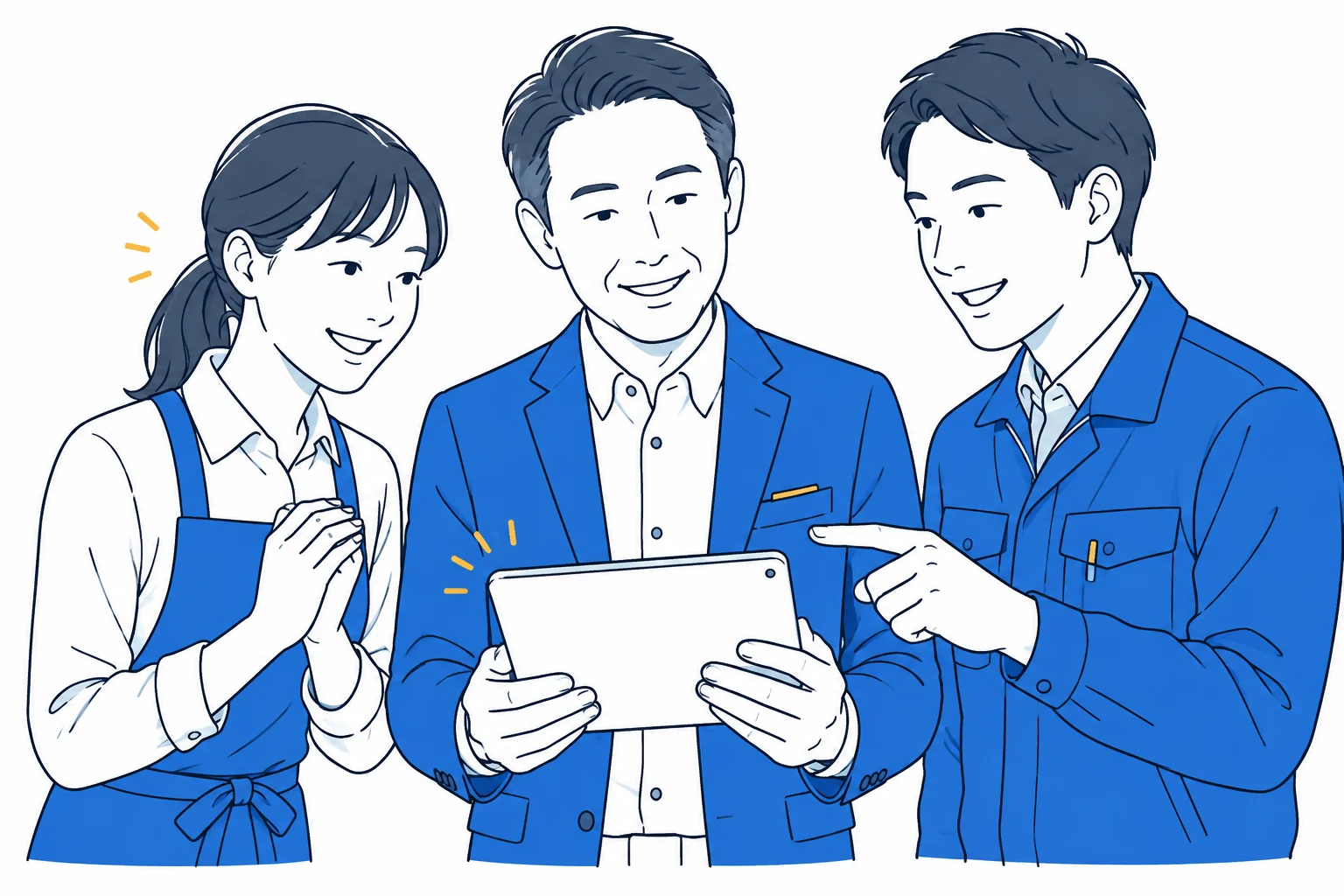 朝礼でお客様の声を共有する店長とスタッフのイラスト